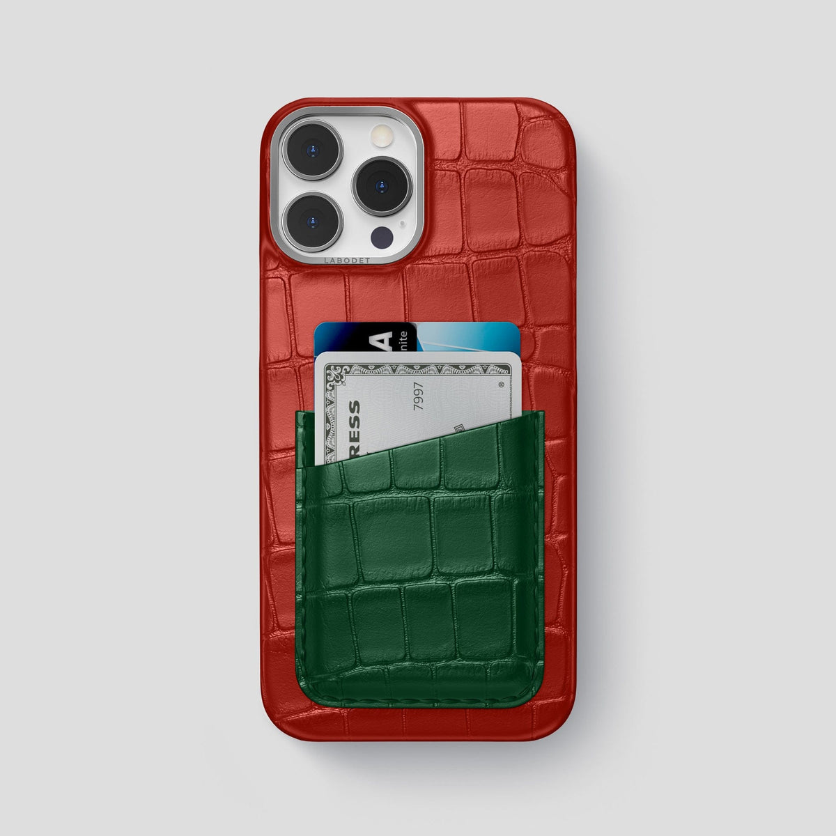 Red-Green iPhone 14 Pro Max Card Case Alligator with Steel Metal -1 | Red-Green-Steel
