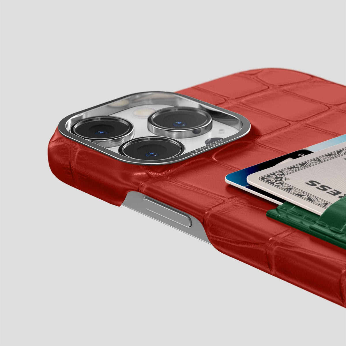 Red-Green iPhone 14 Pro Max Card Case Alligator with Steel Metal -5 | Red-Green-Steel