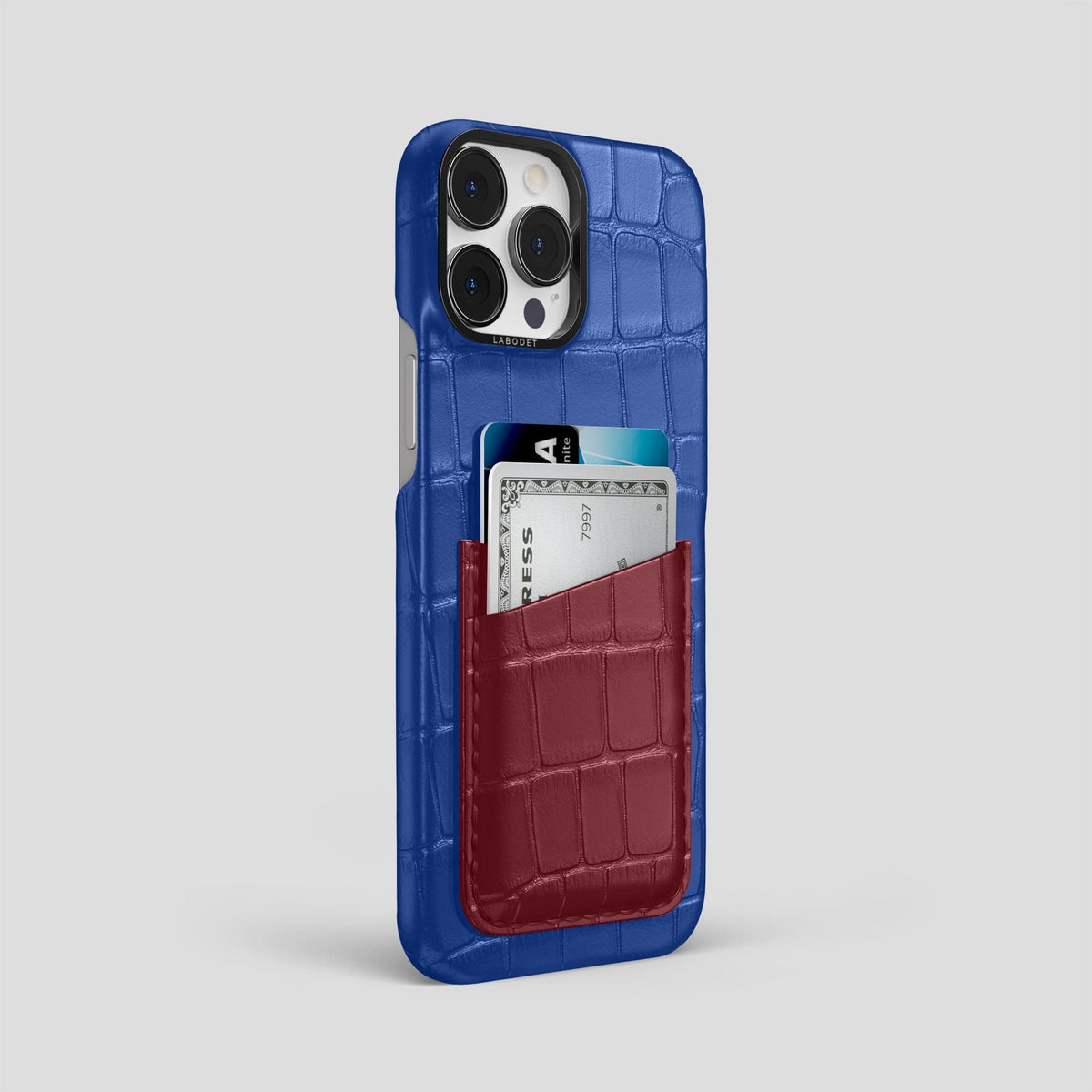 Royal-Blue-Burgundy iPhone 14 Pro Max Card Case Alligator with Black Metal -2 | Royal-Blue-Burgundy-Black