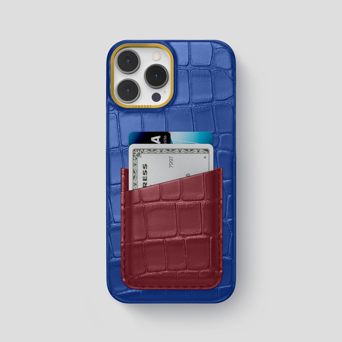 Royal-Blue-Burgundy iPhone 14 Pro Max Card Case Alligator with Gold Metal -1 | Royal-Blue-Burgundy-Gold