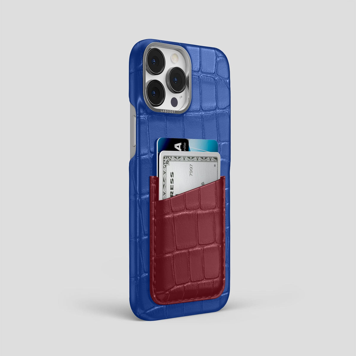 Royal-Blue-Burgundy iPhone 14 Pro Max Card Case Alligator with Steel Metal -2 | Royal-Blue-Burgundy-Steel