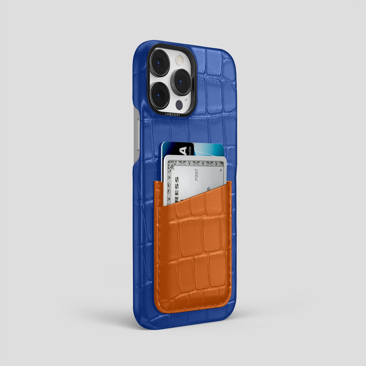 Royal-Blue-Orange iPhone 14 Pro Max Card Case Alligator with Black Metal -2 | Royal-Blue-Orange-Black