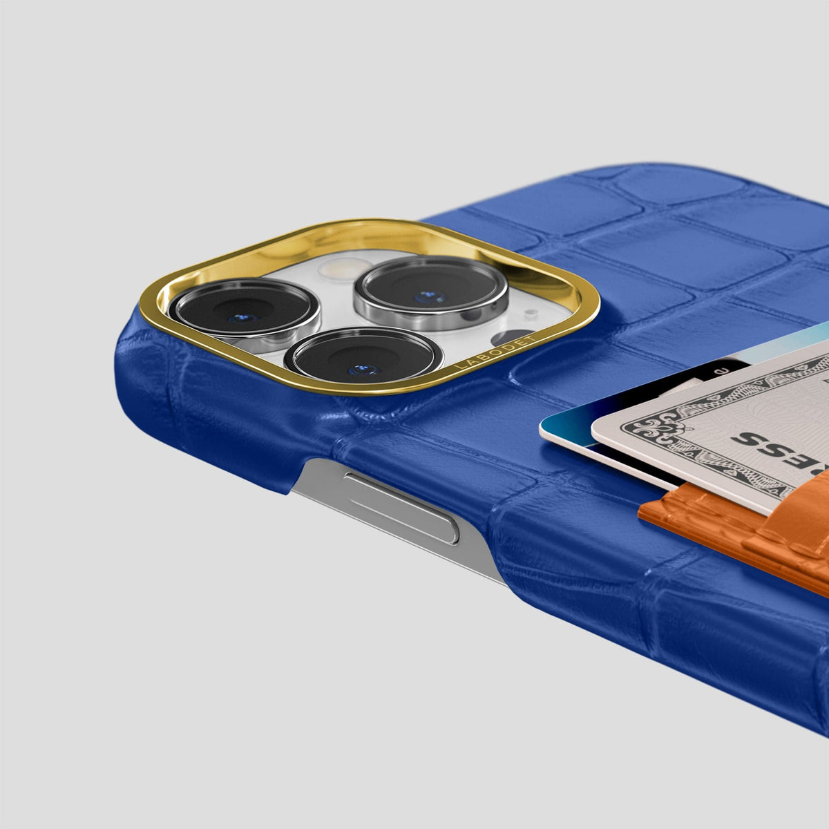 Royal-Blue-Orange iPhone 14 Pro Max Card Case Alligator with Gold Metal -5 | Royal-Blue-Orange-Gold