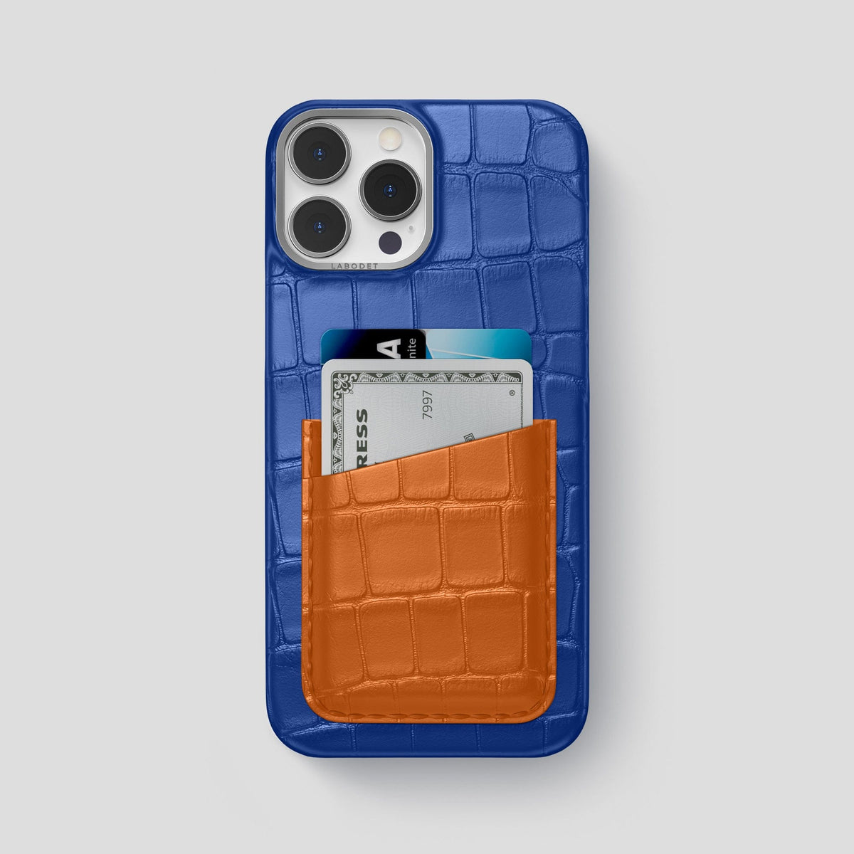 Royal-Blue-Orange iPhone 14 Pro Max Card Case Alligator with Steel Metal -1 | Royal-Blue-Orange-Steel