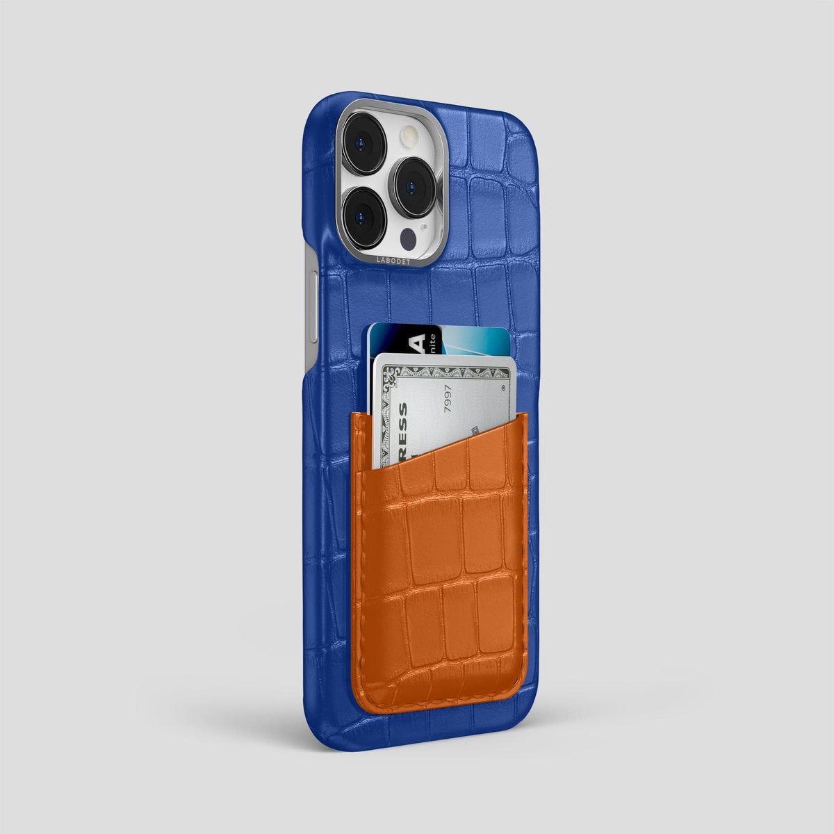 Royal-Blue-Orange iPhone 14 Pro Max Card Case Alligator with Steel Metal -2 | Royal-Blue-Orange-Steel