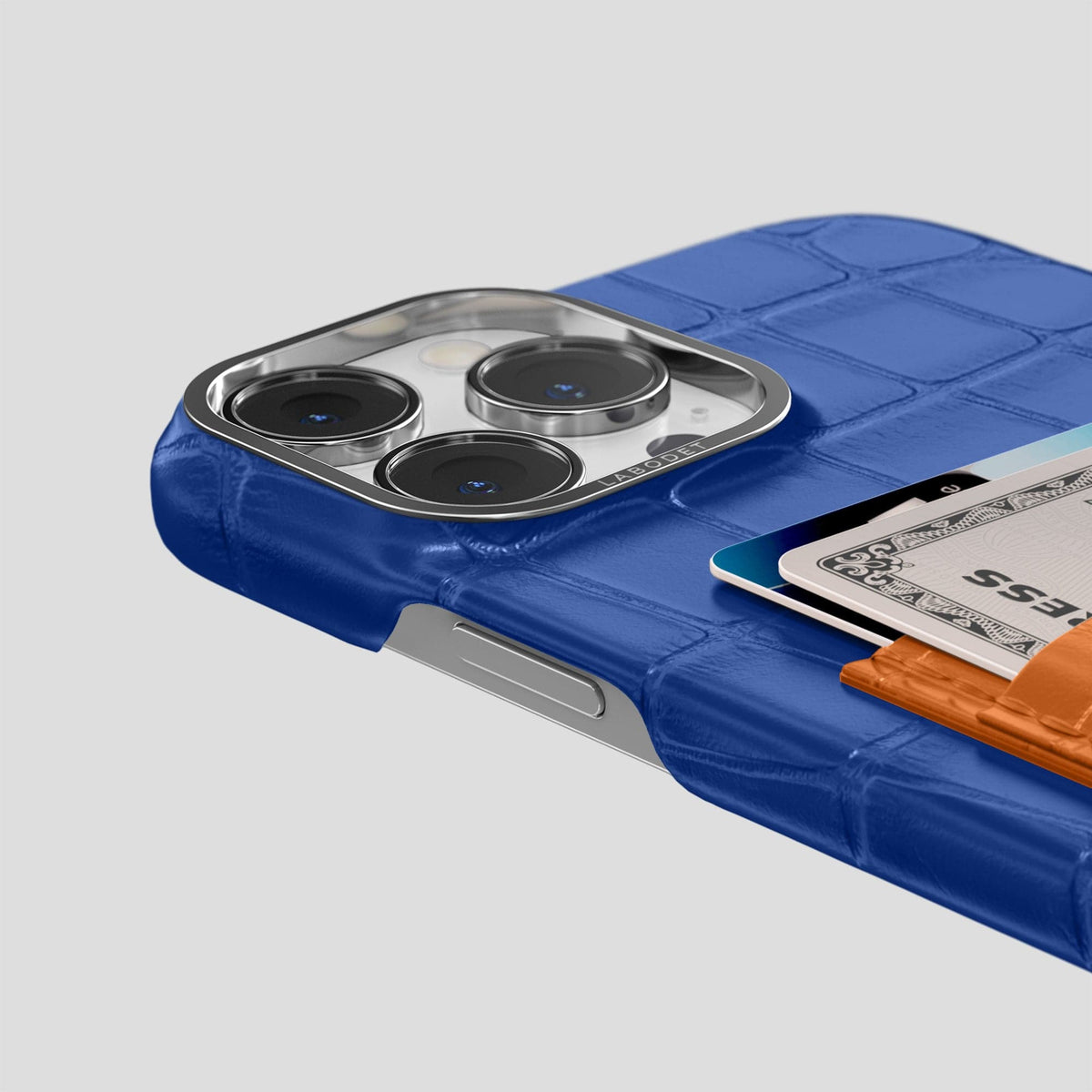 Royal-Blue-Orange iPhone 14 Pro Max Card Case Alligator with Steel Metal -5 | Royal-Blue-Orange-Steel