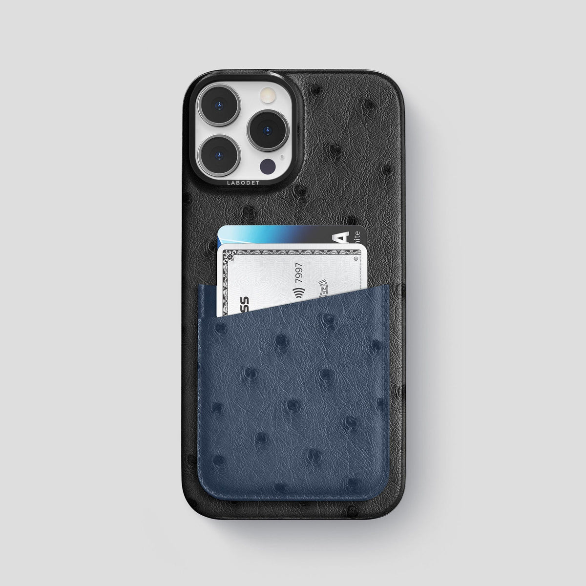 Black-Navy-Blue iPhone 15 Pro Max Card Case Colore Ostrich with Black Metal -1 | Black-Navy-Blue-Black