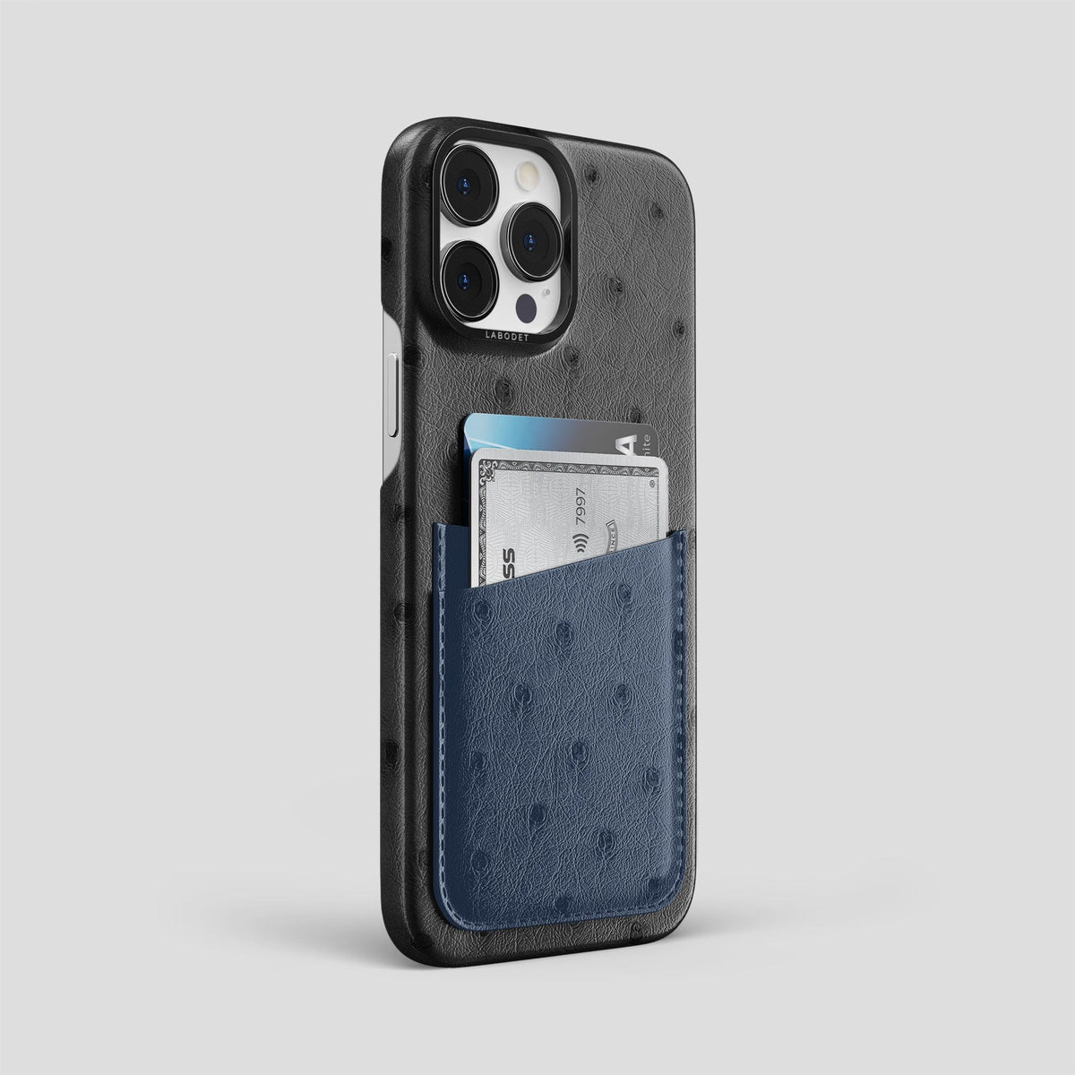 Black-Navy-Blue iPhone 14 Pro Max Card Case Colore Ostrich with Black Metal -2 | Black-Navy-Blue-Black