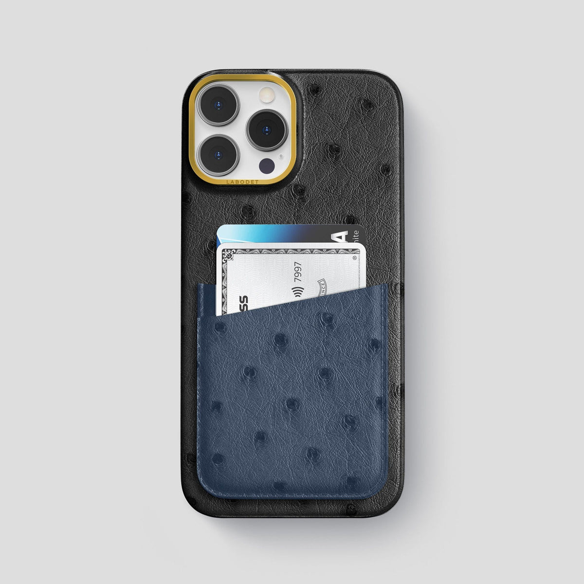 Black-Navy-Blue iPhone 15 Pro Max Card Case Colore Ostrich with Gold Metal -1 | Black-Navy-Blue-Gold