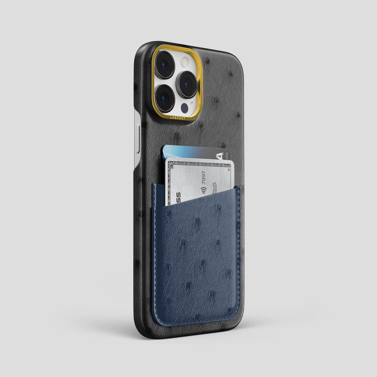 Black-Navy-Blue iPhone 15 Pro Max Card Case Colore Ostrich with Gold Metal -2 | Black-Navy-Blue-Gold
