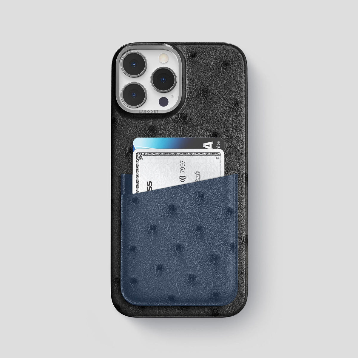 Black-Navy-Blue iPhone 15 Pro Max Card Case Colore Ostrich with Steel Metal -1 | Black-Navy-Blue-Steel