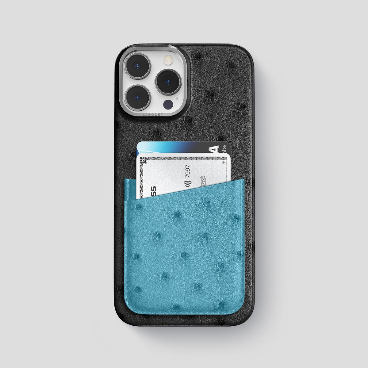 Black-Blue-Jeans iPhone 15 Pro Max Card Case Colore Ostrich with Steel Metal -1 | Black-Blue-Jeans-Steel