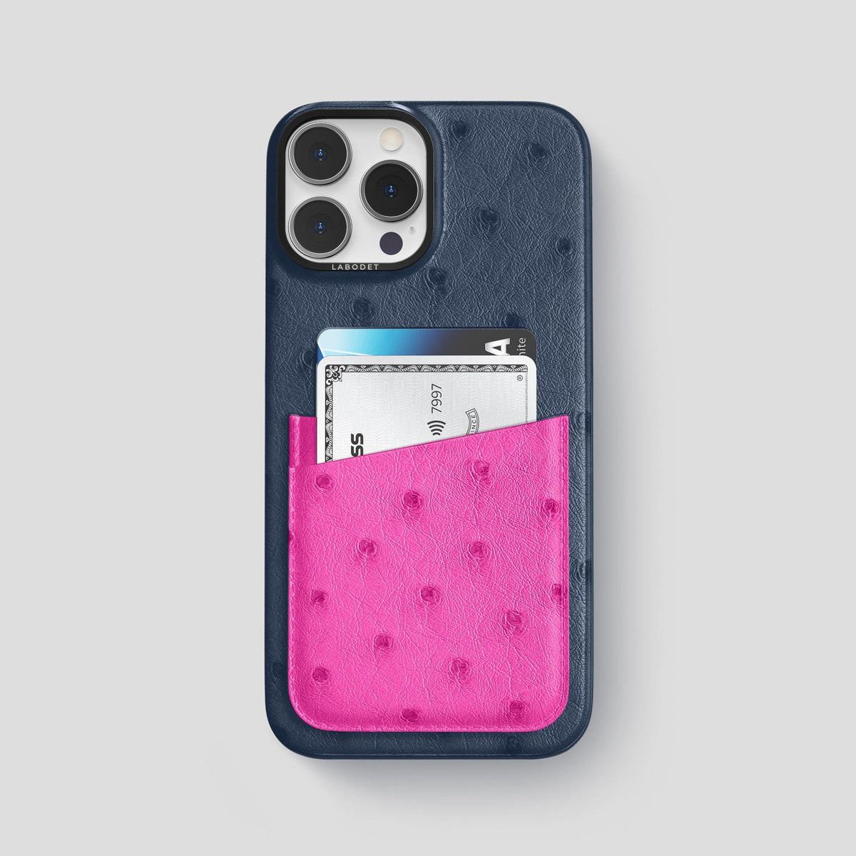 Navy-Blue-Fuchsia iPhone 15 Pro Max Card Case Colore Ostrich with Black Metal -1 | Navy-Blue-Fuchsia-Black