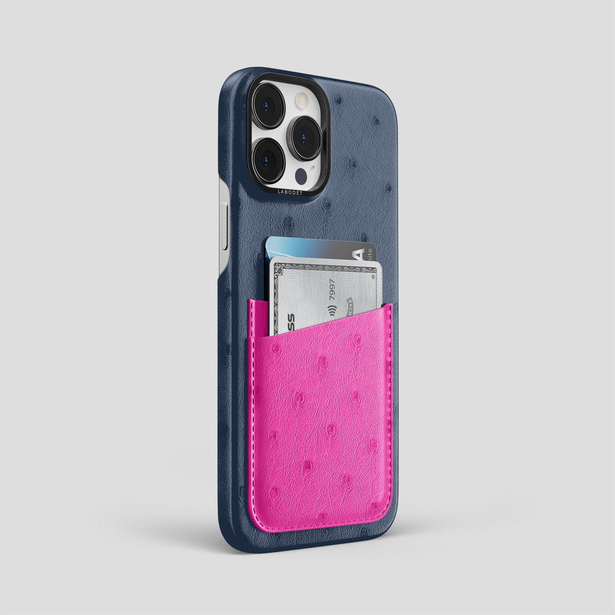Navy-Blue-Fuchsia iPhone 14 Pro Max Card Case Colore Ostrich with Black Metal -2 | Navy-Blue-Fuchsia-Black