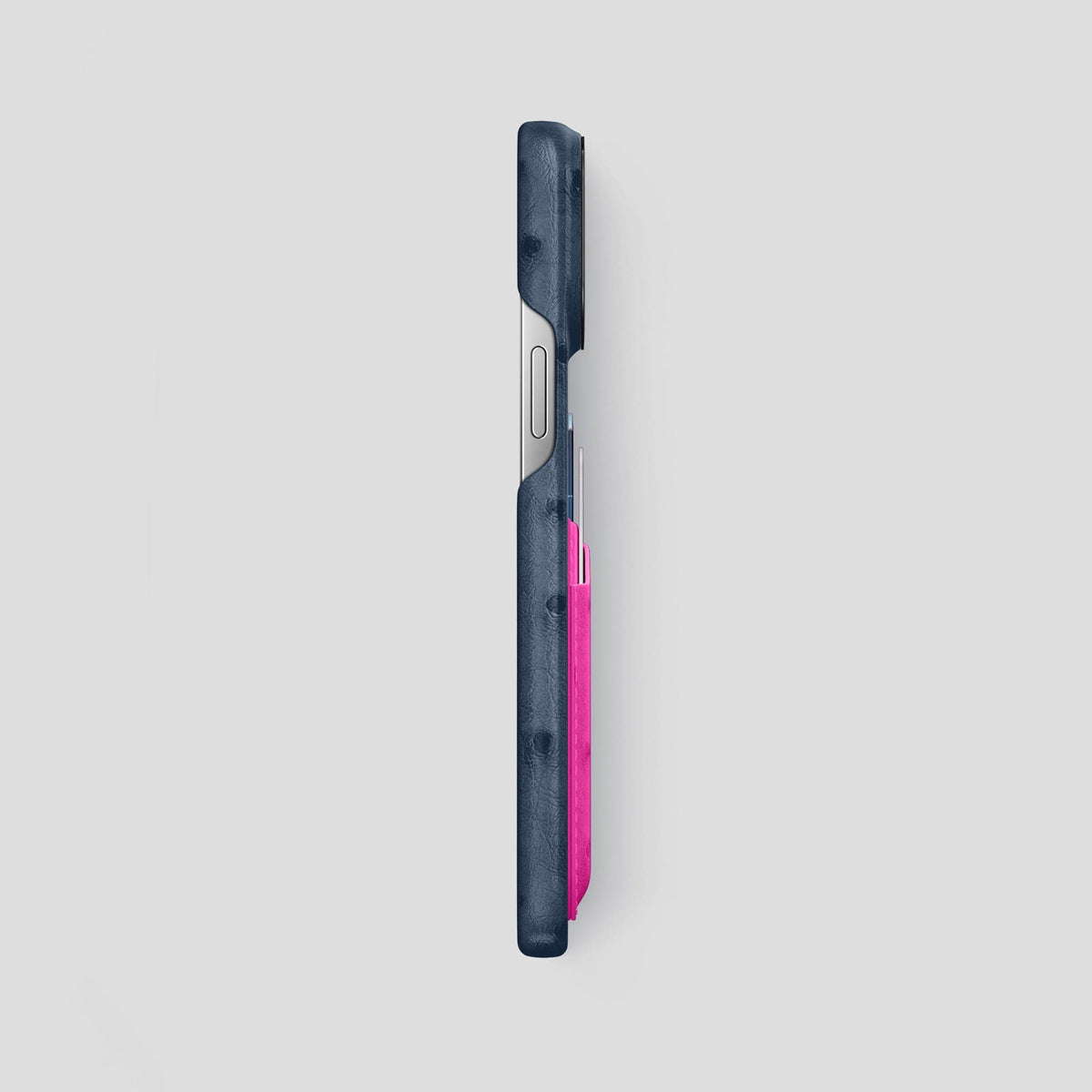 Navy-Blue-Fuchsia iPhone 15 Pro Max Card Case Colore Ostrich with Black Metal -3 | Navy-Blue-Fuchsia-Black
