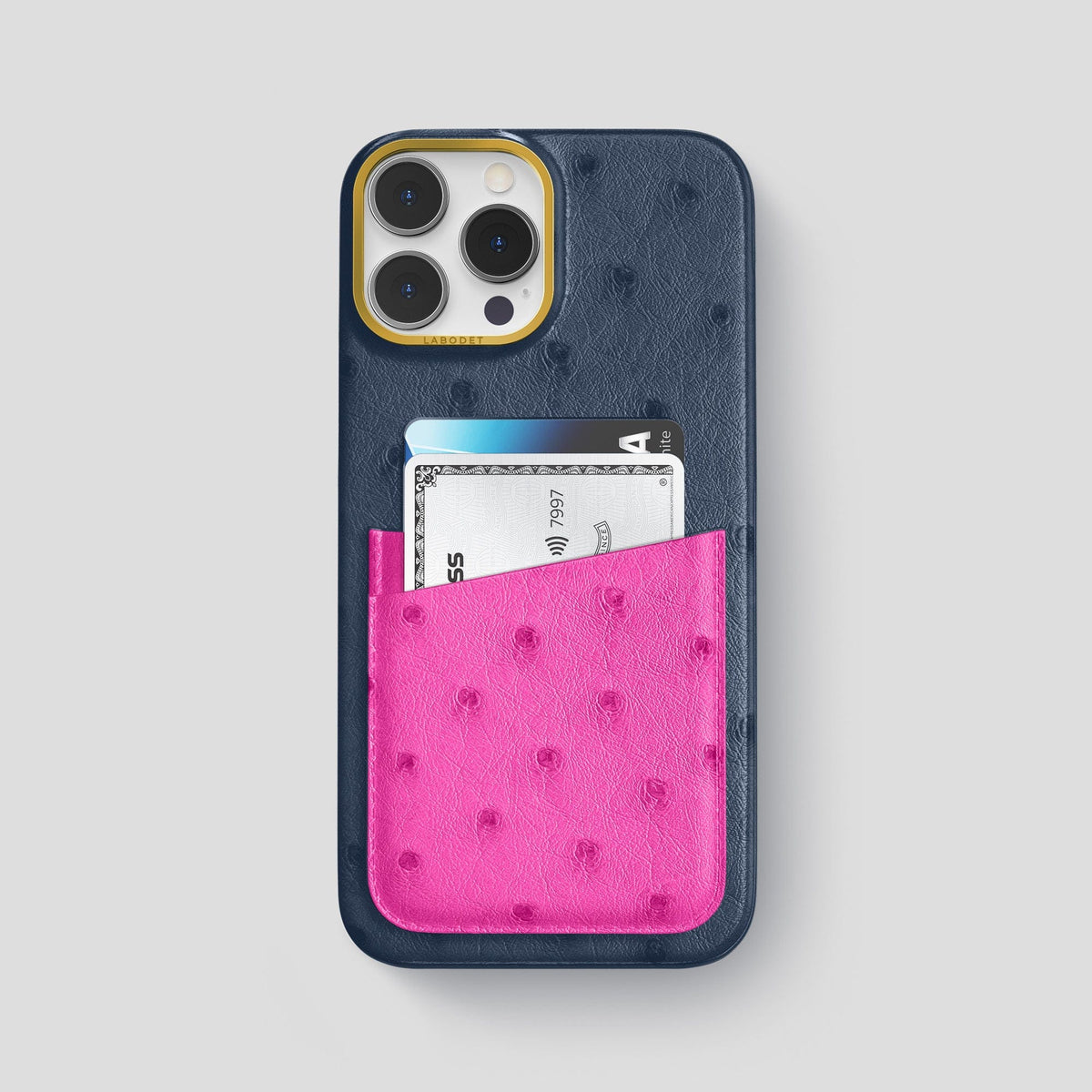 Navy-Blue-Fuchsia iPhone 15 Pro Max Card Case Colore Ostrich with Gold Metal -1 | Navy-Blue-Fuchsia-Gold