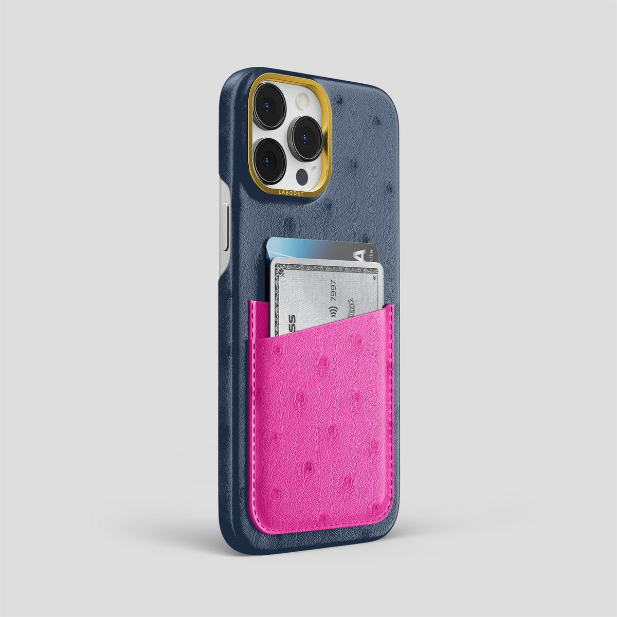 Navy-Blue-Fuchsia iPhone 15 Pro Max Card Case Colore Ostrich with Gold Metal -2 | Navy-Blue-Fuchsia-Gold