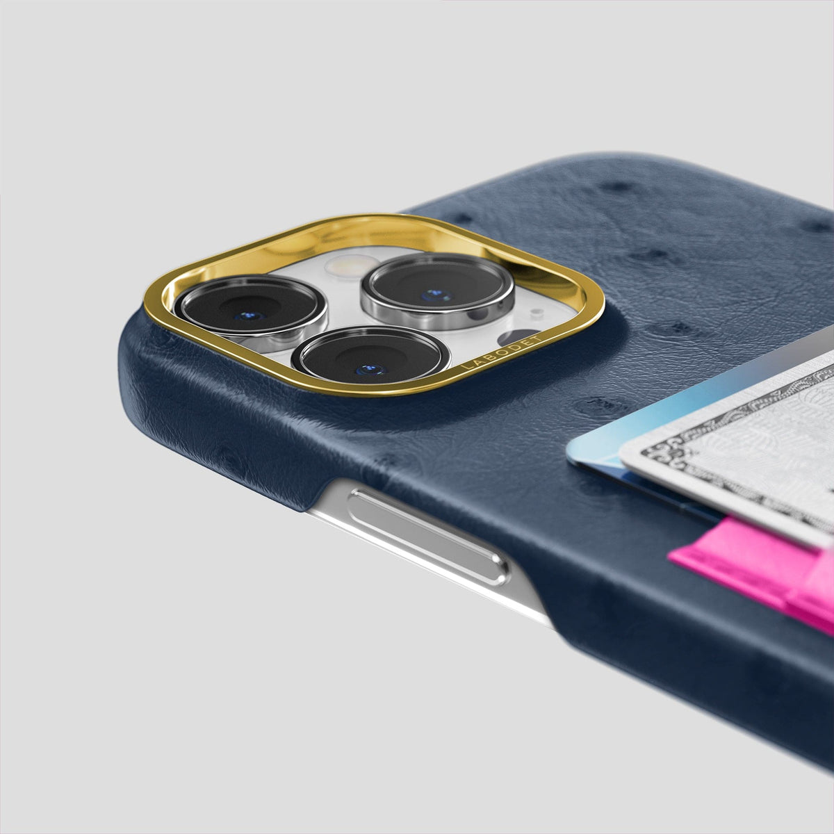 Navy-Blue-Fuchsia iPhone 15 Pro Max Card Case Colore Ostrich with Gold Metal -5 | Navy-Blue-Fuchsia-Gold