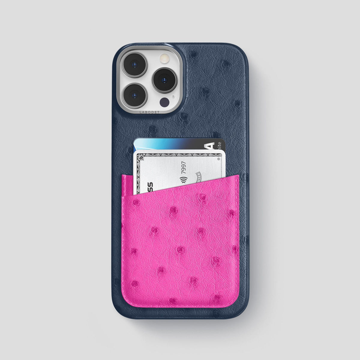 Navy-Blue-Fuchsia iPhone 14 Pro Max Card Case Colore Ostrich with Steel Metal -1 | Navy-Blue-Fuchsia-Steel