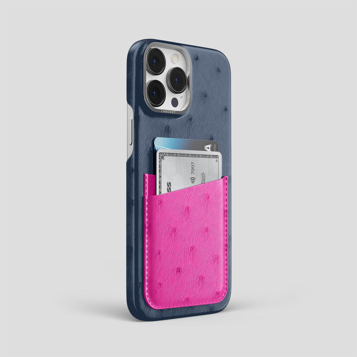 Navy-Blue-Fuchsia iPhone 15 Pro Max Card Case Colore Ostrich with Steel Metal -2 | Navy-Blue-Fuchsia-Steel