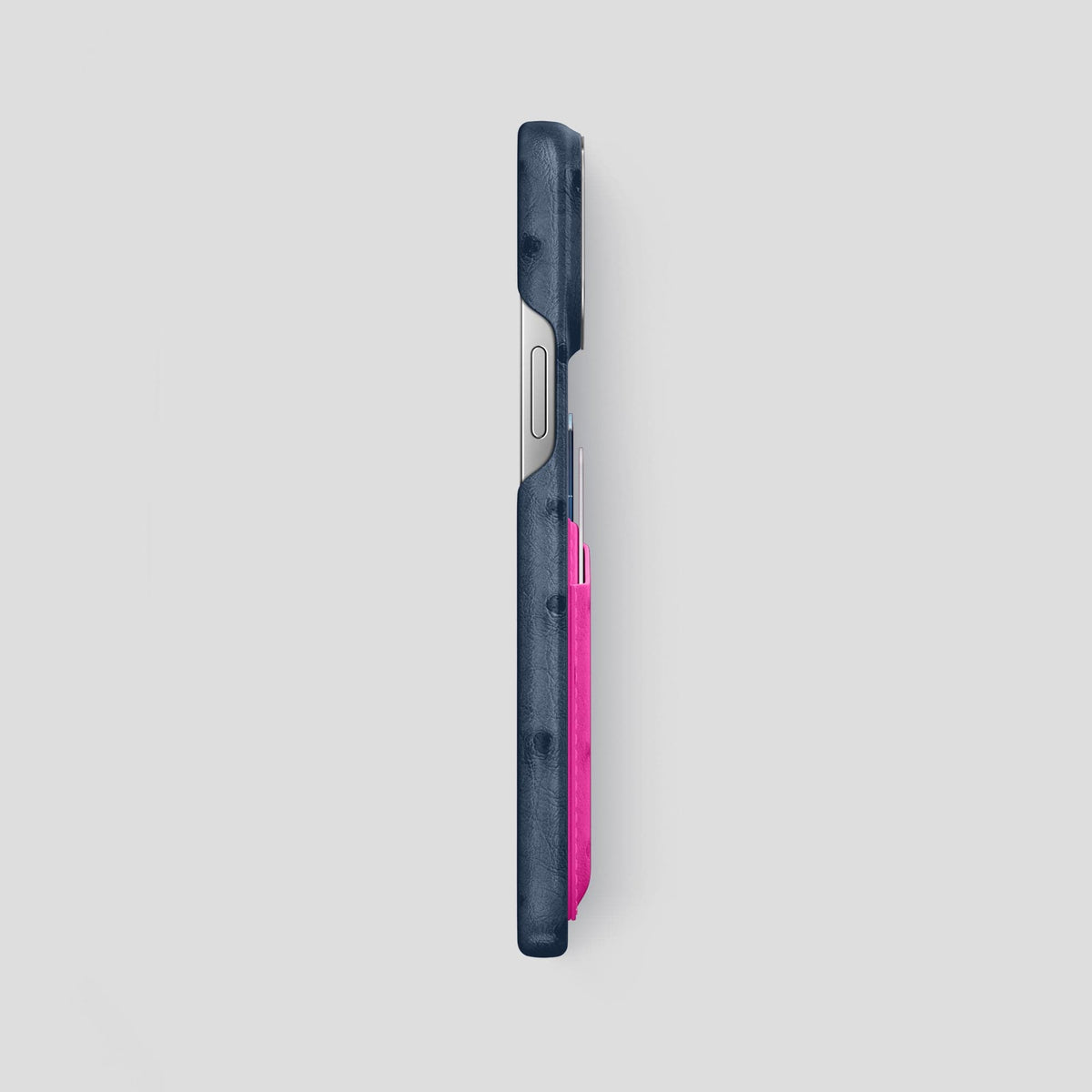 Navy-Blue-Fuchsia iPhone 15 Pro Max Card Case Colore Ostrich with Steel Metal -3 | Navy-Blue-Fuchsia-Steel