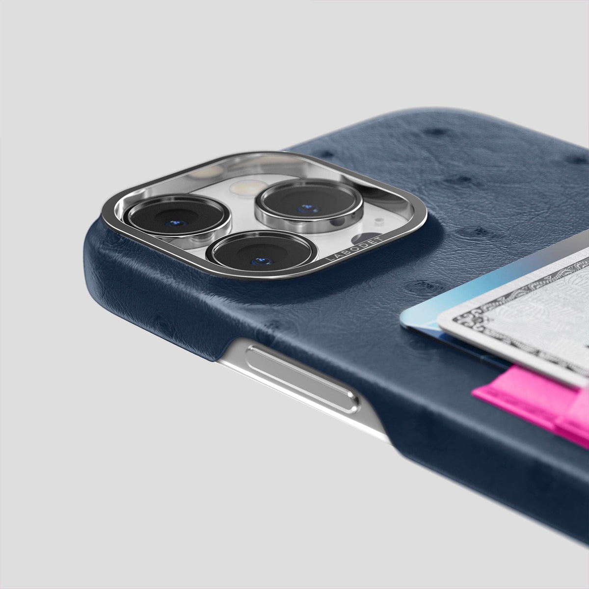 Navy-Blue-Fuchsia iPhone 14 Pro Max Card Case Colore Ostrich with Steel Metal -5 | Navy-Blue-Fuchsia-Steel