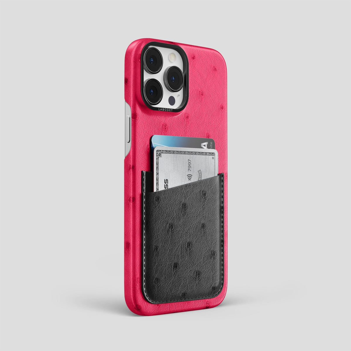 Bordeaux-Black iPhone 15 Pro Max Card Case Colore Ostrich with Black Metal -2 | Bordeaux-Black-Black