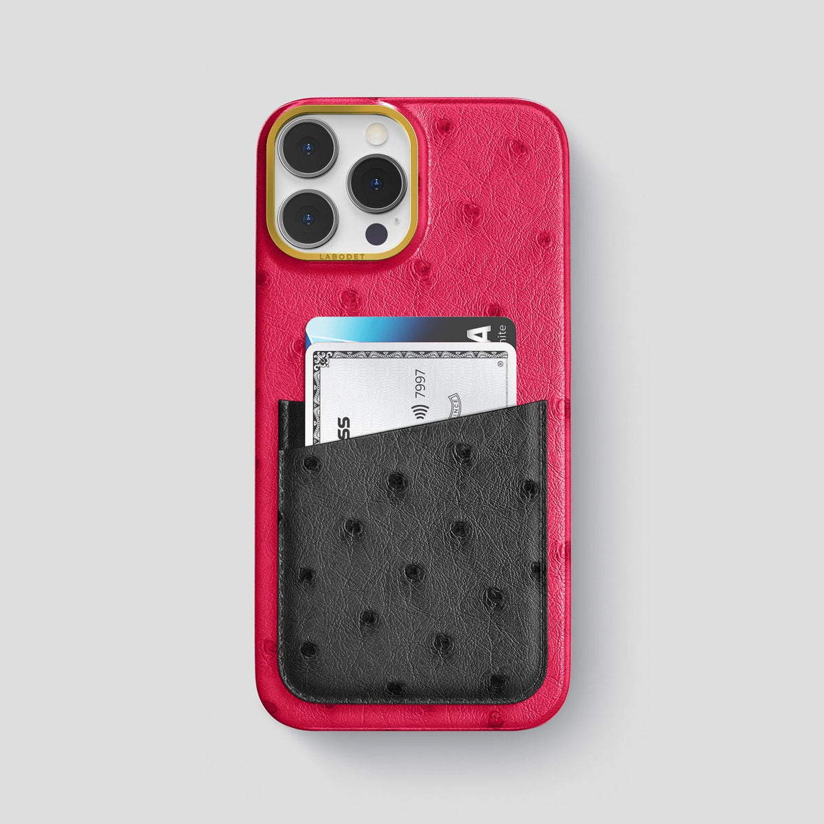 Bordeaux-Black iPhone 15 Pro Max Card Case Colore Ostrich with Gold Metal -1 | Bordeaux-Black-Gold
