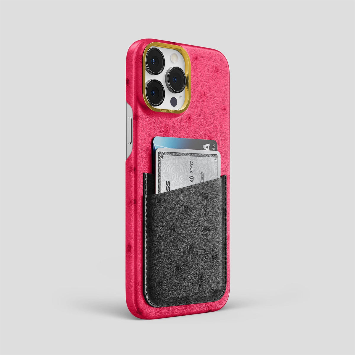Bordeaux-Black iPhone 15 Pro Max Card Case Colore Ostrich with Gold Metal -2 | Bordeaux-Black-Gold