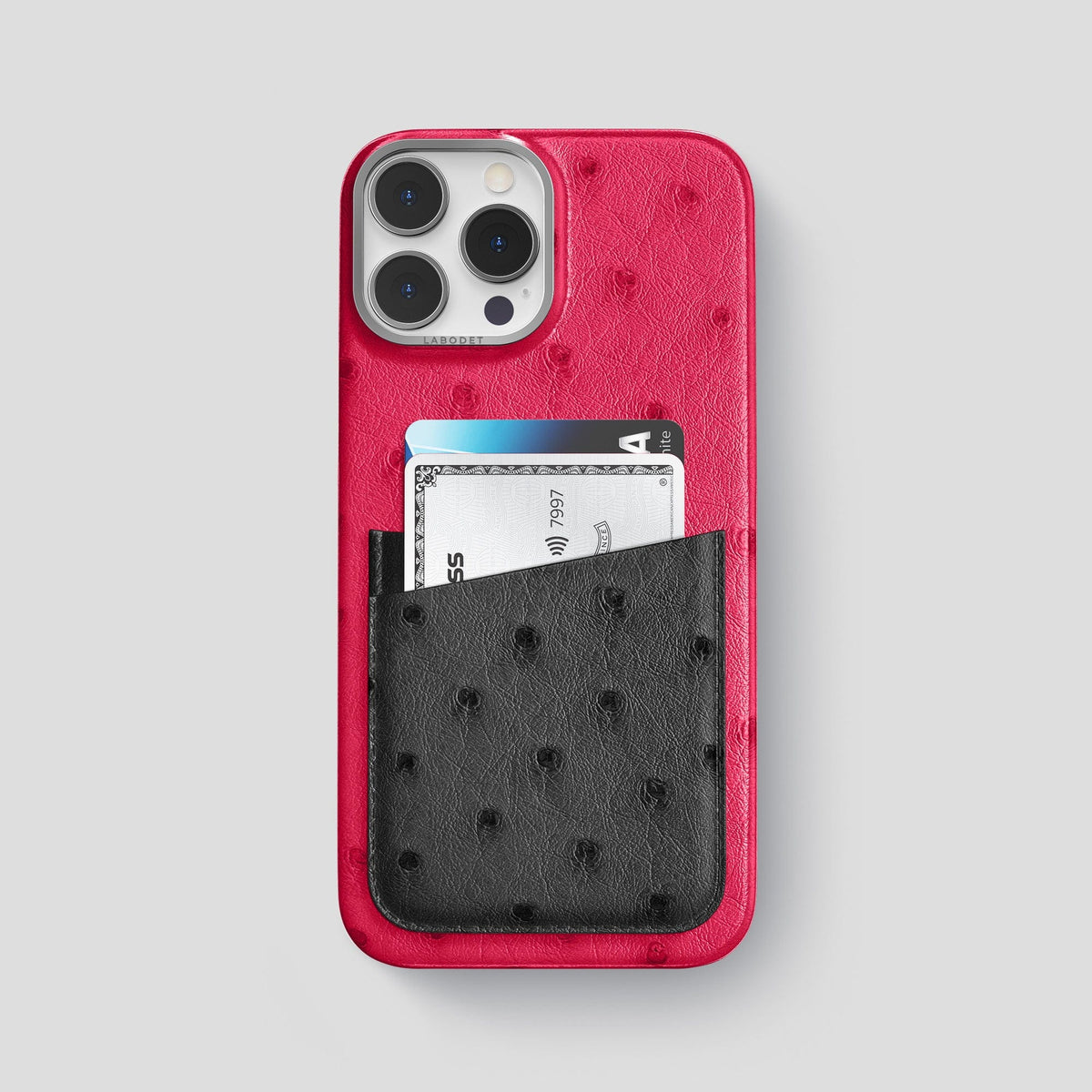 Bordeaux-Black iPhone 15 Pro Max Card Case Colore Ostrich with Steel Metal -1 | Bordeaux-Black-Steel