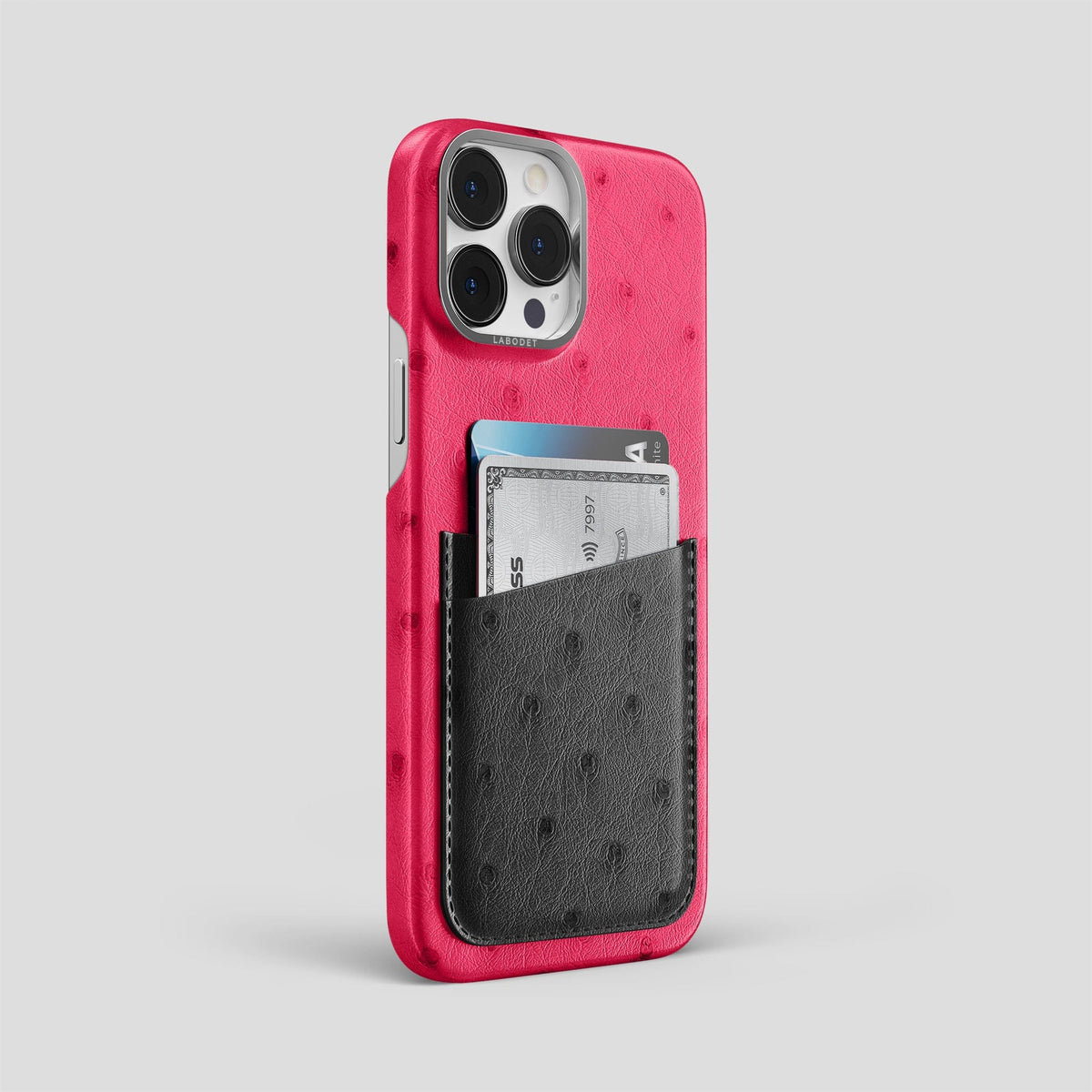 Bordeaux-Black iPhone 15 Pro Max Card Case Colore Ostrich with Steel Metal -2 | Bordeaux-Black-Steel