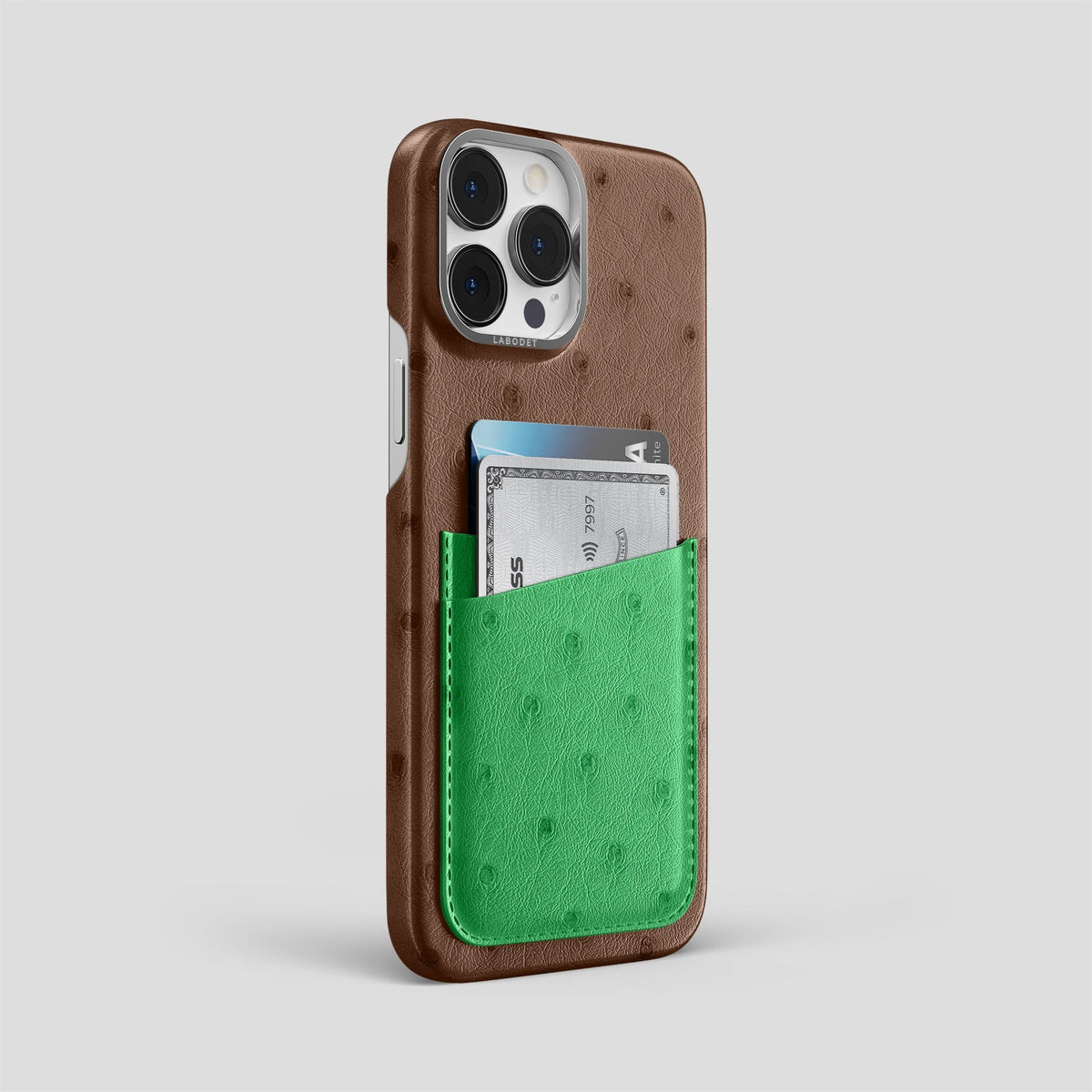 Chocolate-Kentucky-Green iPhone 15 Pro Max Card Case Colore Ostrich with Steel Metal -2 | Chocolate-Kentucky-Green-Steel