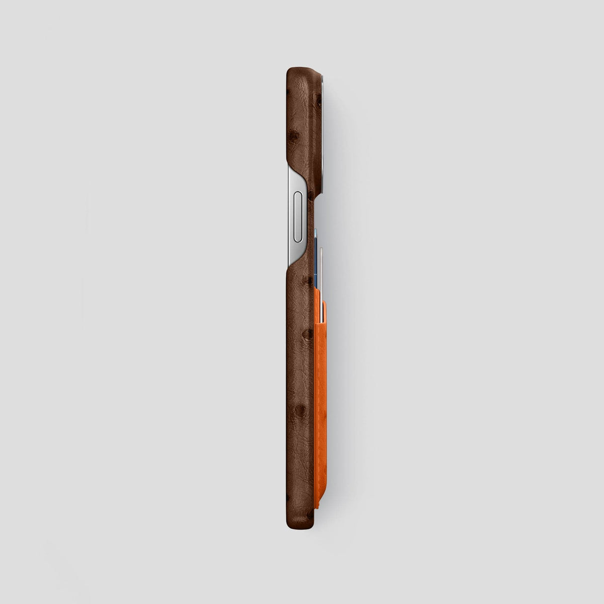 Chocolate-Medium-Brown iPhone 15 Pro Max Card Case Colore Ostrich with Steel Metal -3 | Chocolate-Medium-Brown-Steel