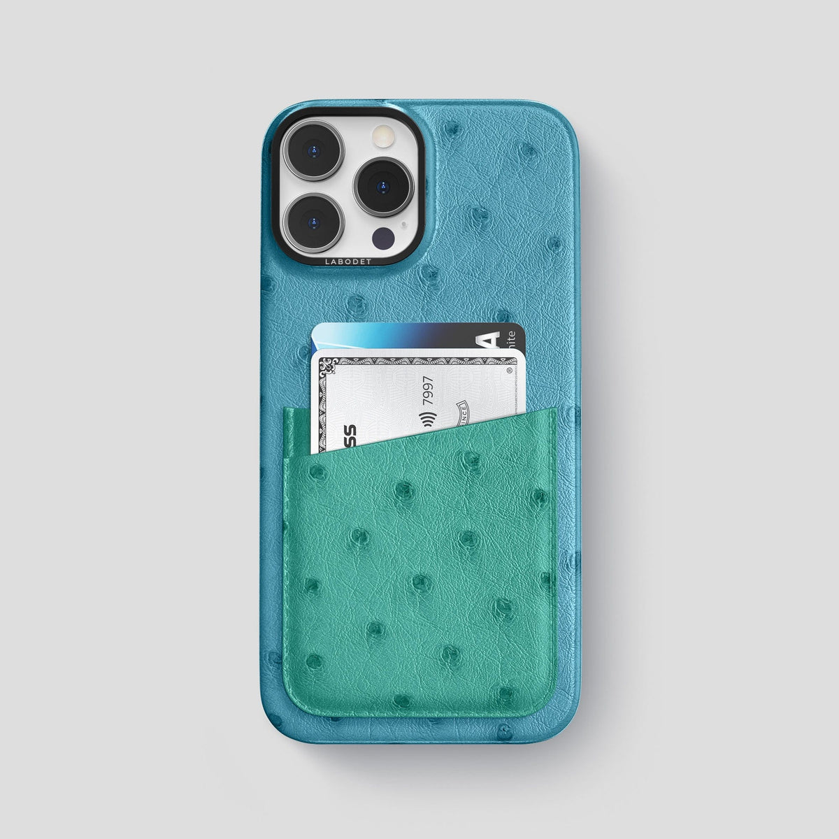 Blue-Jeans-Green iPhone 15 Pro Max Card Case Colore Ostrich with Black Metal -1 | Blue-Jeans-Green-Black