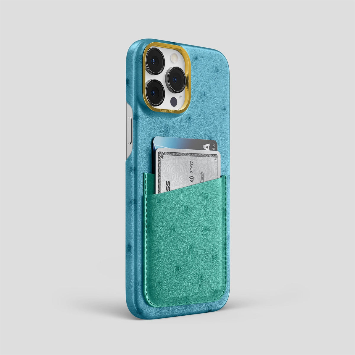 Blue-Jeans-Green iPhone 15 Pro Max Card Case Colore Ostrich with Gold Metal -2 | Blue-Jeans-Green-Gold