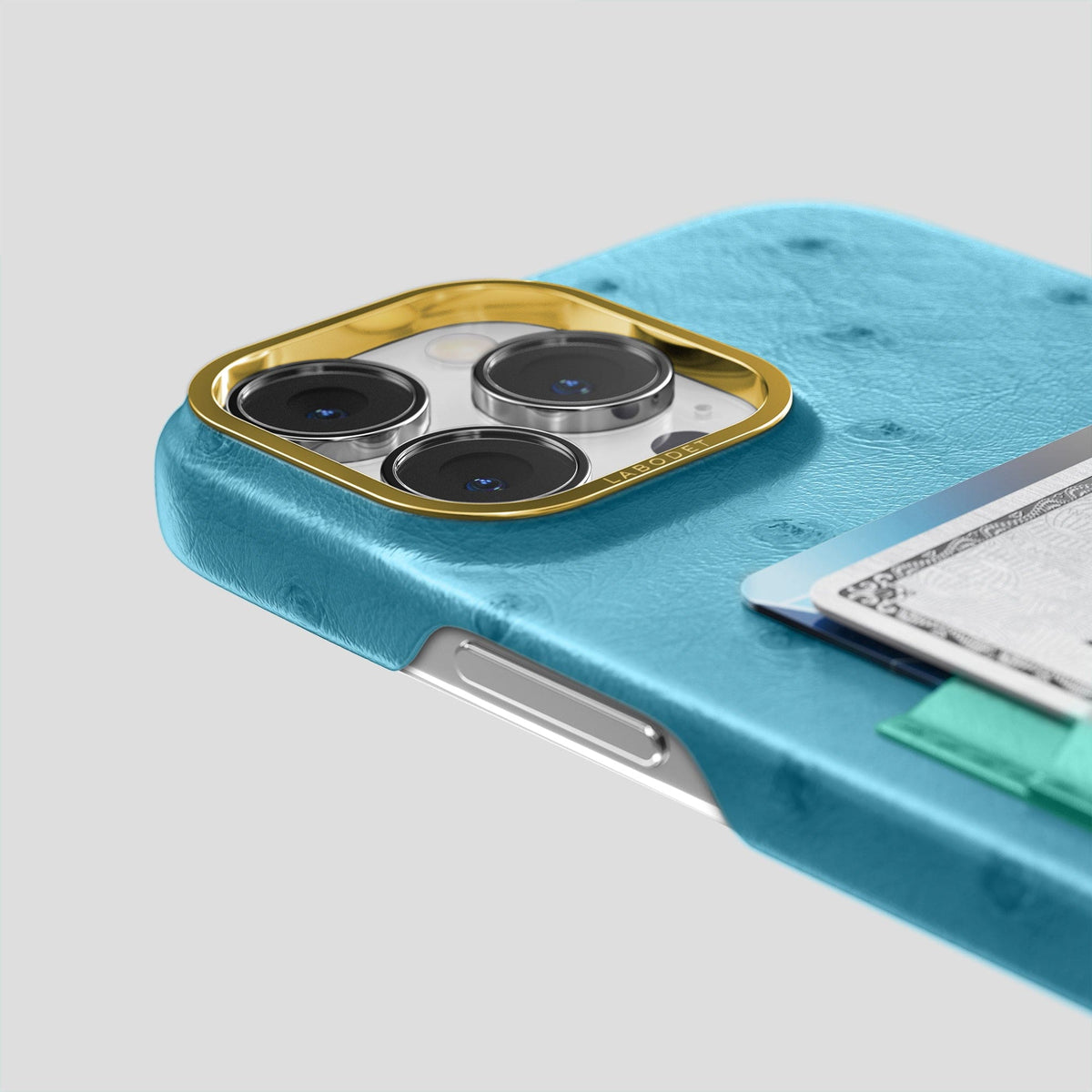 Blue-Jeans-Green iPhone 15 Pro Max Card Case Colore Ostrich with Gold Metal -5 | Blue-Jeans-Green-Gold