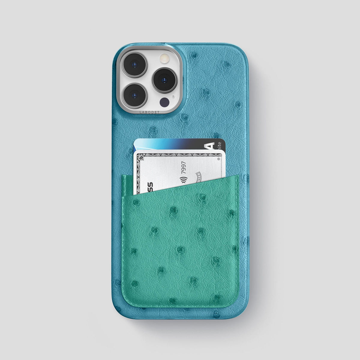 Blue-Jeans-Green iPhone 15 Pro Max Card Case Colore Ostrich with Steel Metal -1 | Blue-Jeans-Green-Steel