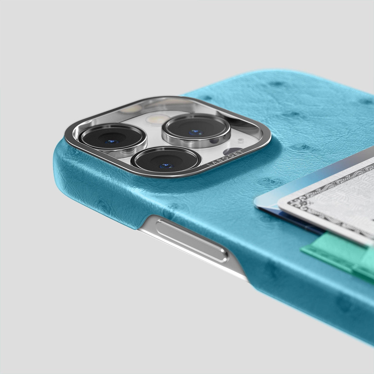 Blue-Jeans-Green iPhone 15 Pro Max Card Case Colore Ostrich with Steel Metal -5 | Blue-Jeans-Green-Steel