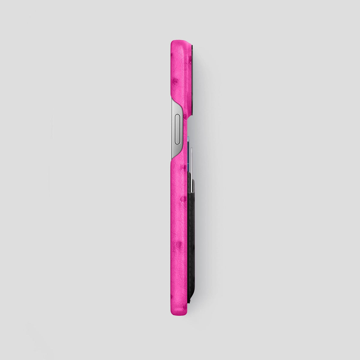 Fuchsia-Black iPhone 15 Pro Max Card Case Colore Ostrich with Black Metal -3 | Fuchsia-Black-Black