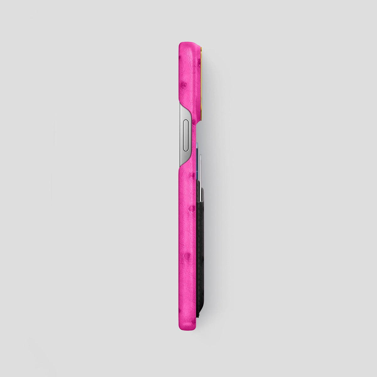 Fuchsia-Black iPhone 15 Pro Max Card Case Colore Ostrich with Gold Metal -3 | Fuchsia-Black-Gold