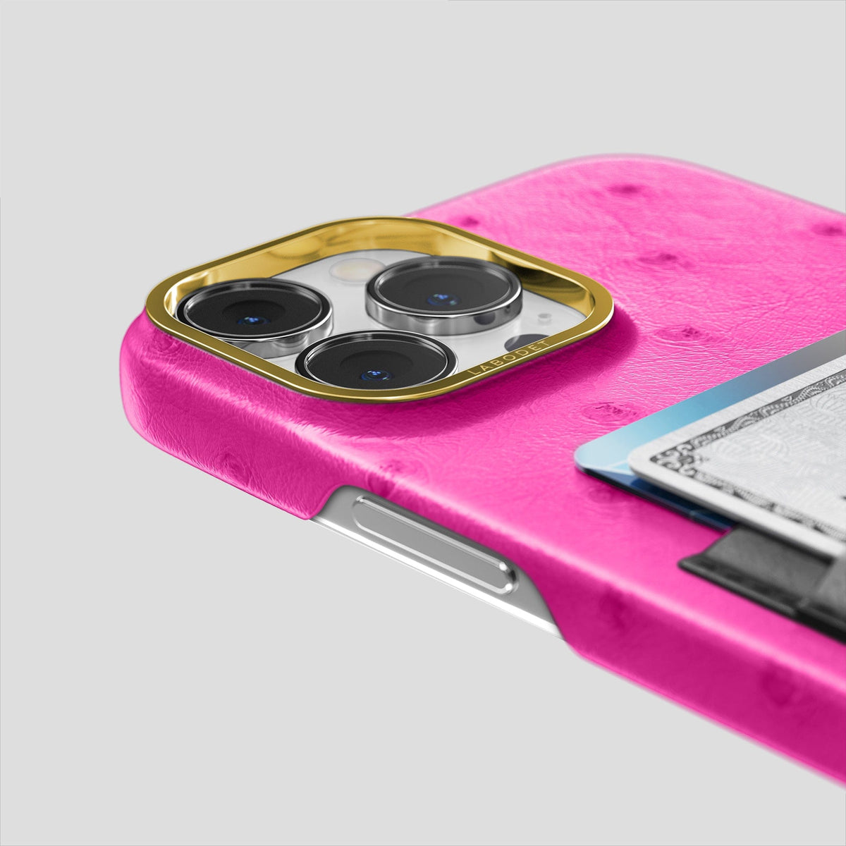 Fuchsia-Black iPhone 15 Pro Max Card Case Colore Ostrich with Gold Metal -5 | Fuchsia-Black-Gold