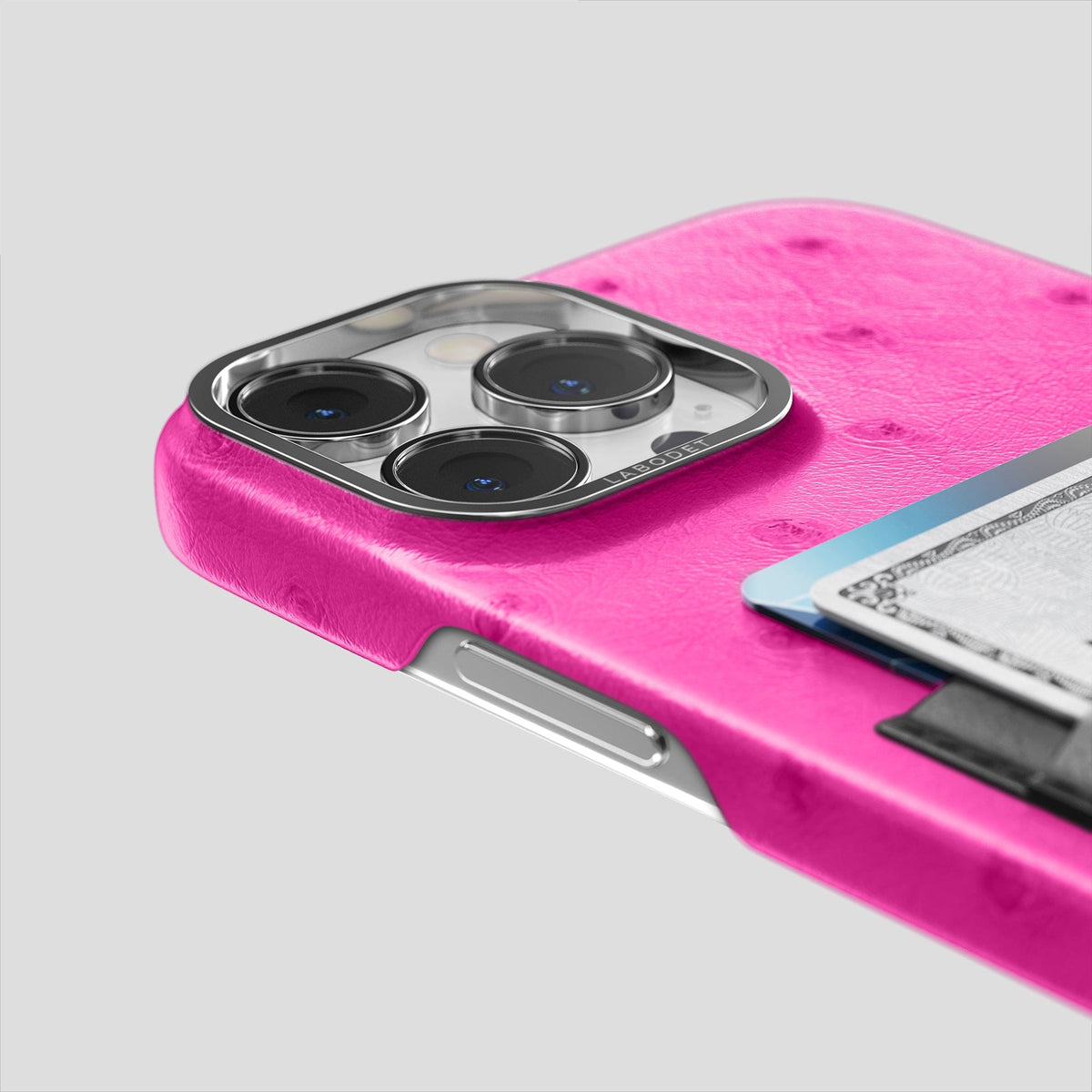 Fuchsia-Black iPhone 15 Pro Max Card Case Colore Ostrich with Steel Metal -5 | Fuchsia-Black-Steel