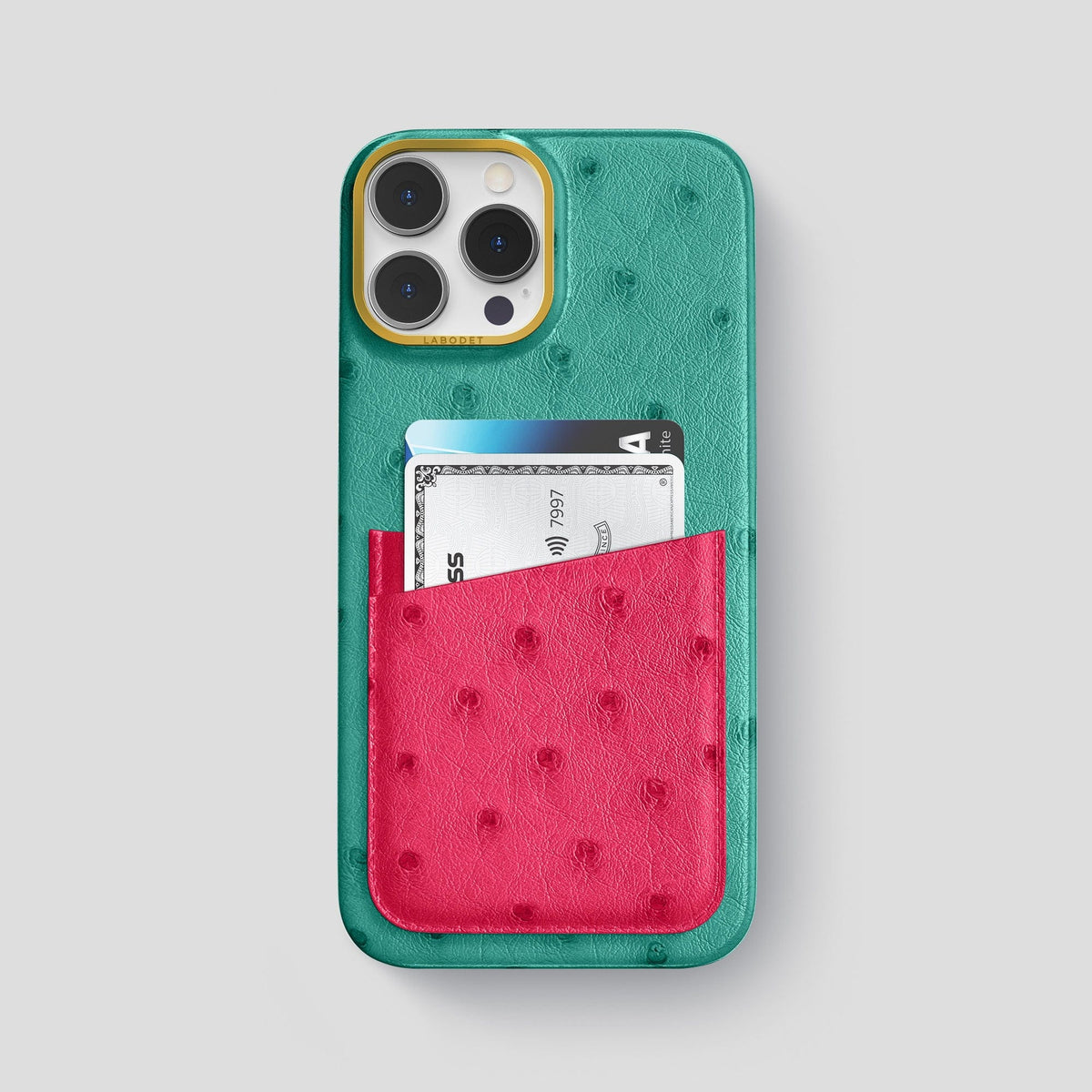 Green-Bordeaux iPhone 15 Pro Max Card Case Colore Ostrich with Gold Metal -1 | Green-Bordeaux-Gold