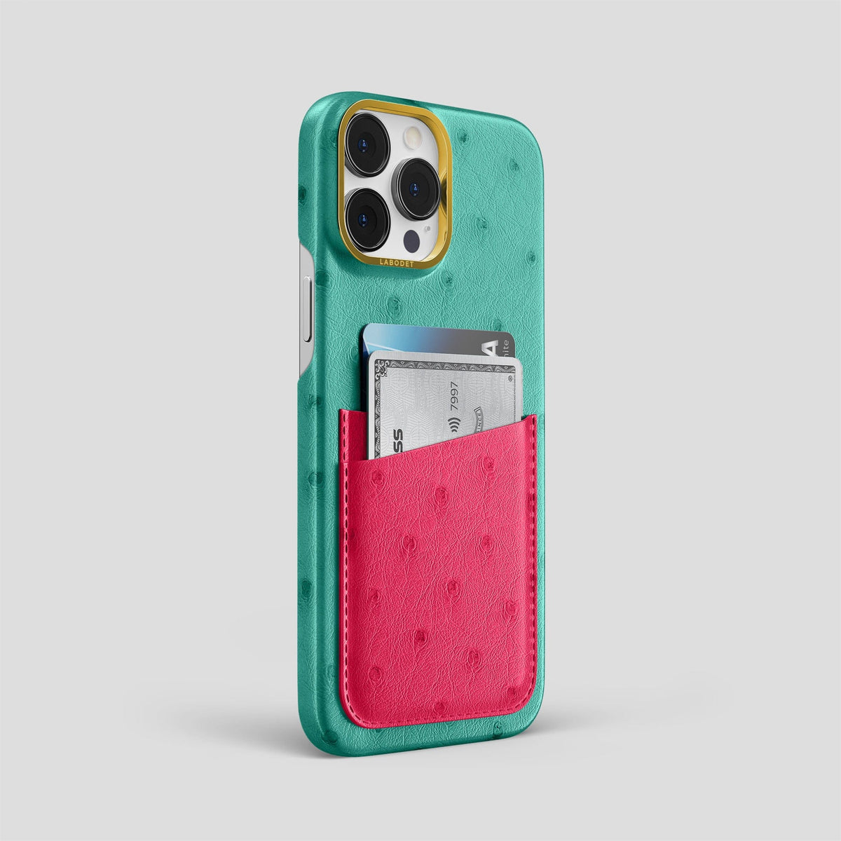 Green-Bordeaux iPhone 15 Pro Max Card Case Colore Ostrich with Gold Metal -2 | Green-Bordeaux-Gold