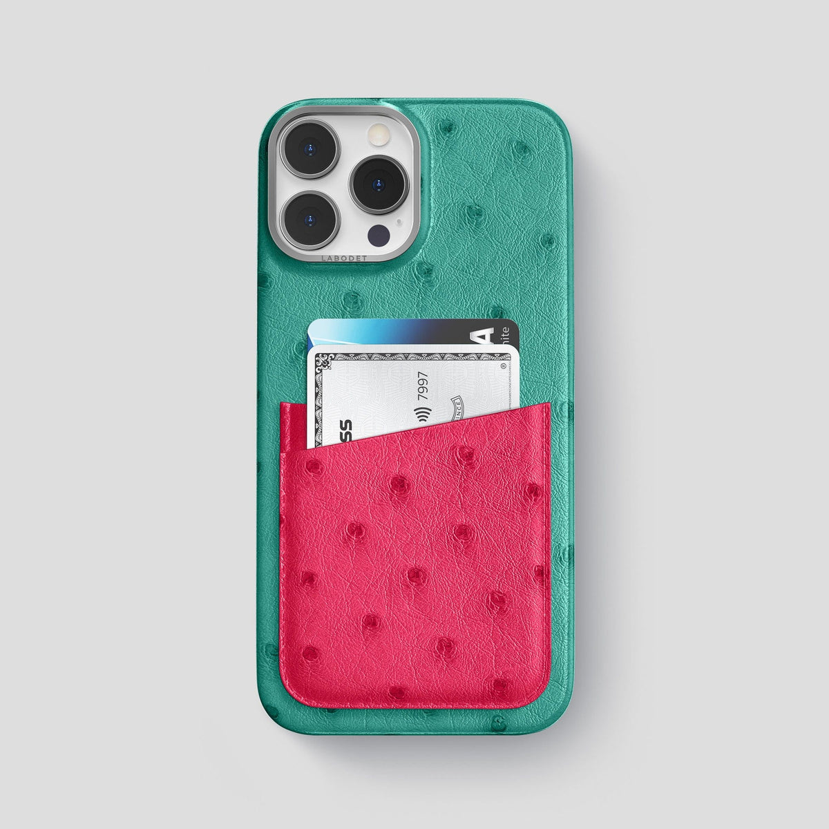 Green-Bordeaux iPhone 15 Pro Max Card Case Colore Ostrich with Steel Metal -1 | Green-Bordeaux-Steel