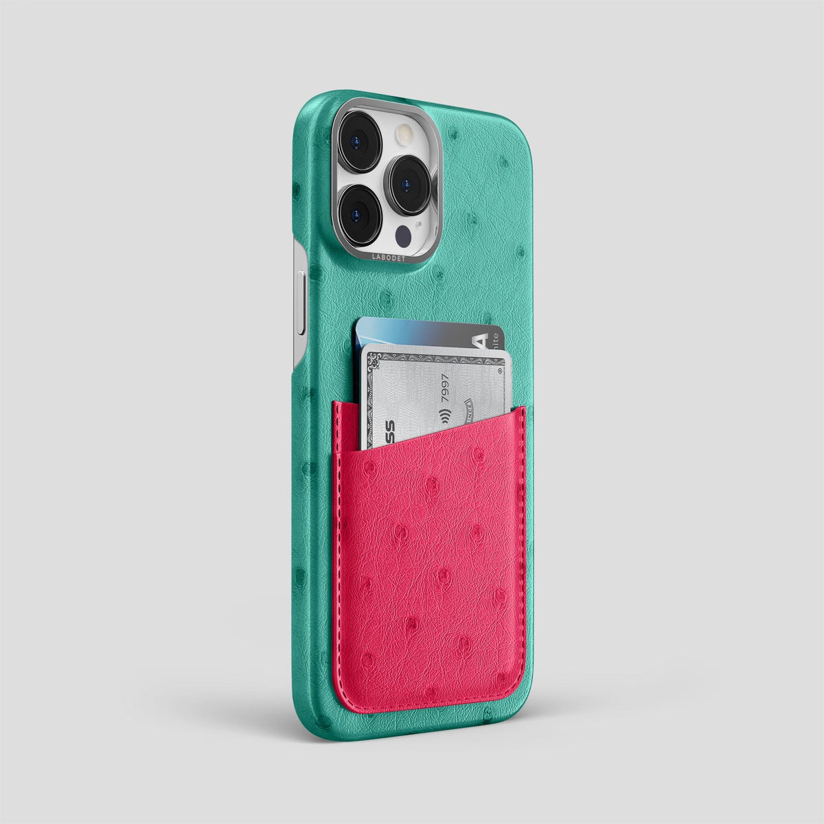 Green-Bordeaux iPhone 15 Pro Max Card Case Colore Ostrich with Steel Metal -2 | Green-Bordeaux-Steel