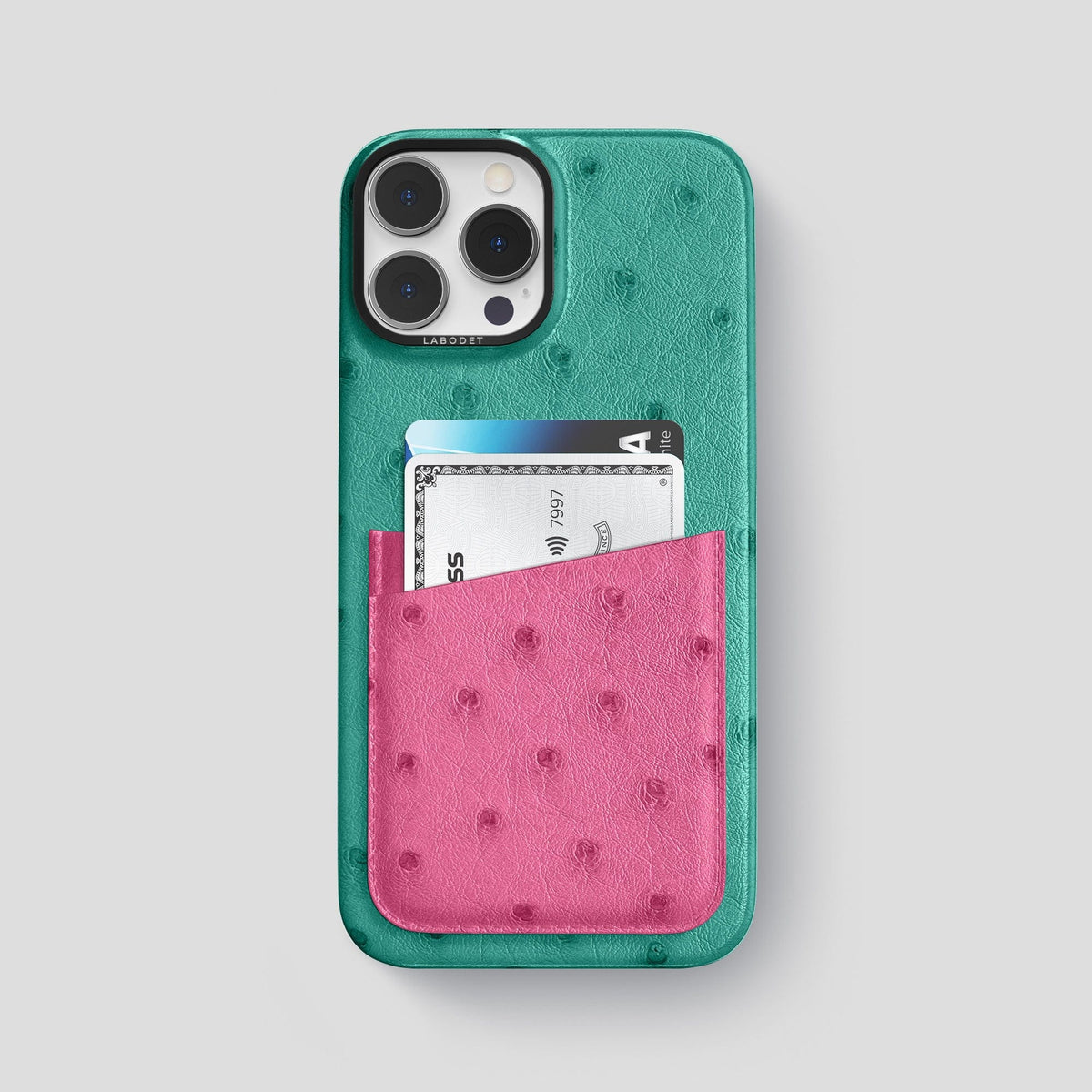 Green-Petal-Pink iPhone 15 Pro Max Card Case Colore Ostrich with Black Metal -1 | Green-Petal-Pink-Black