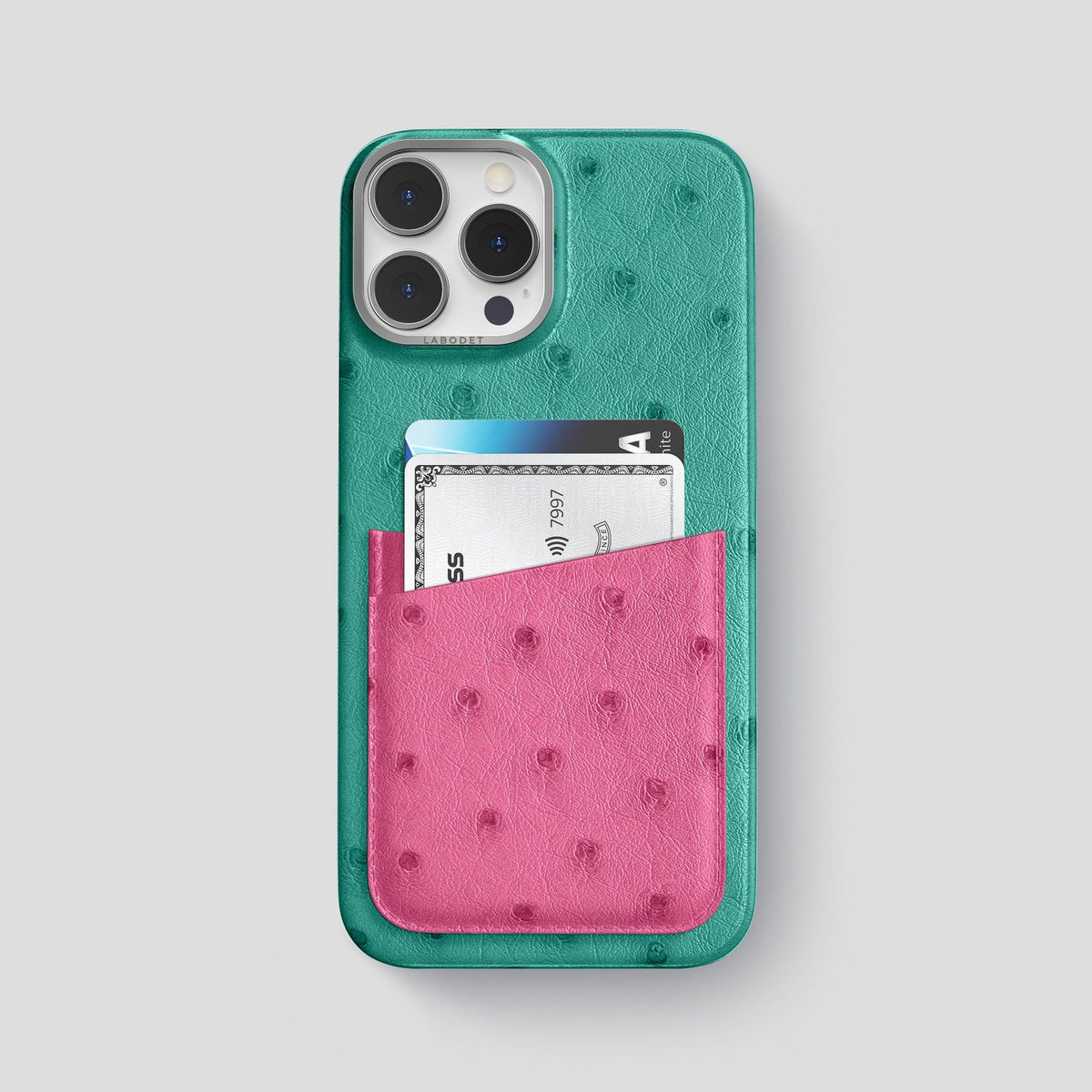 Green-Petal-Pink iPhone 15 Pro Max Card Case Colore Ostrich with Steel Metal -1 | Green-Petal-Pink-Steel