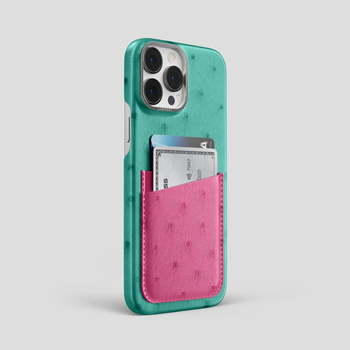 Green-Petal-Pink iPhone 15 Pro Max Card Case Colore Ostrich with Steel Metal -2 | Green-Petal-Pink-Steel