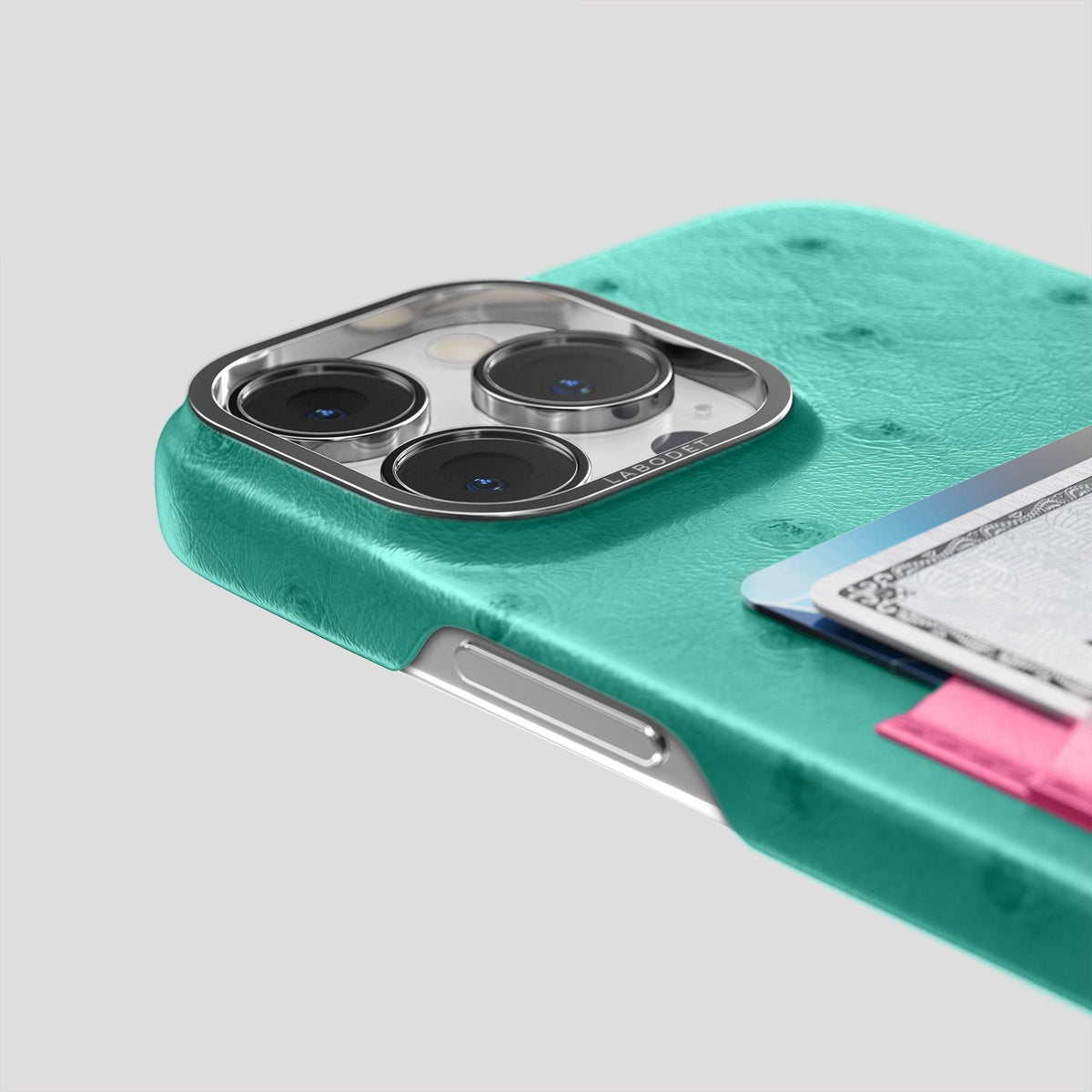 Green-Petal-Pink iPhone 15 Pro Max Card Case Colore Ostrich with Steel Metal -5 | Green-Petal-Pink-Steel